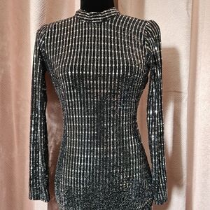 Sequin Hearts Black Silver Sequin Bodycon Dress Size 5 Open Back Long Sleeve